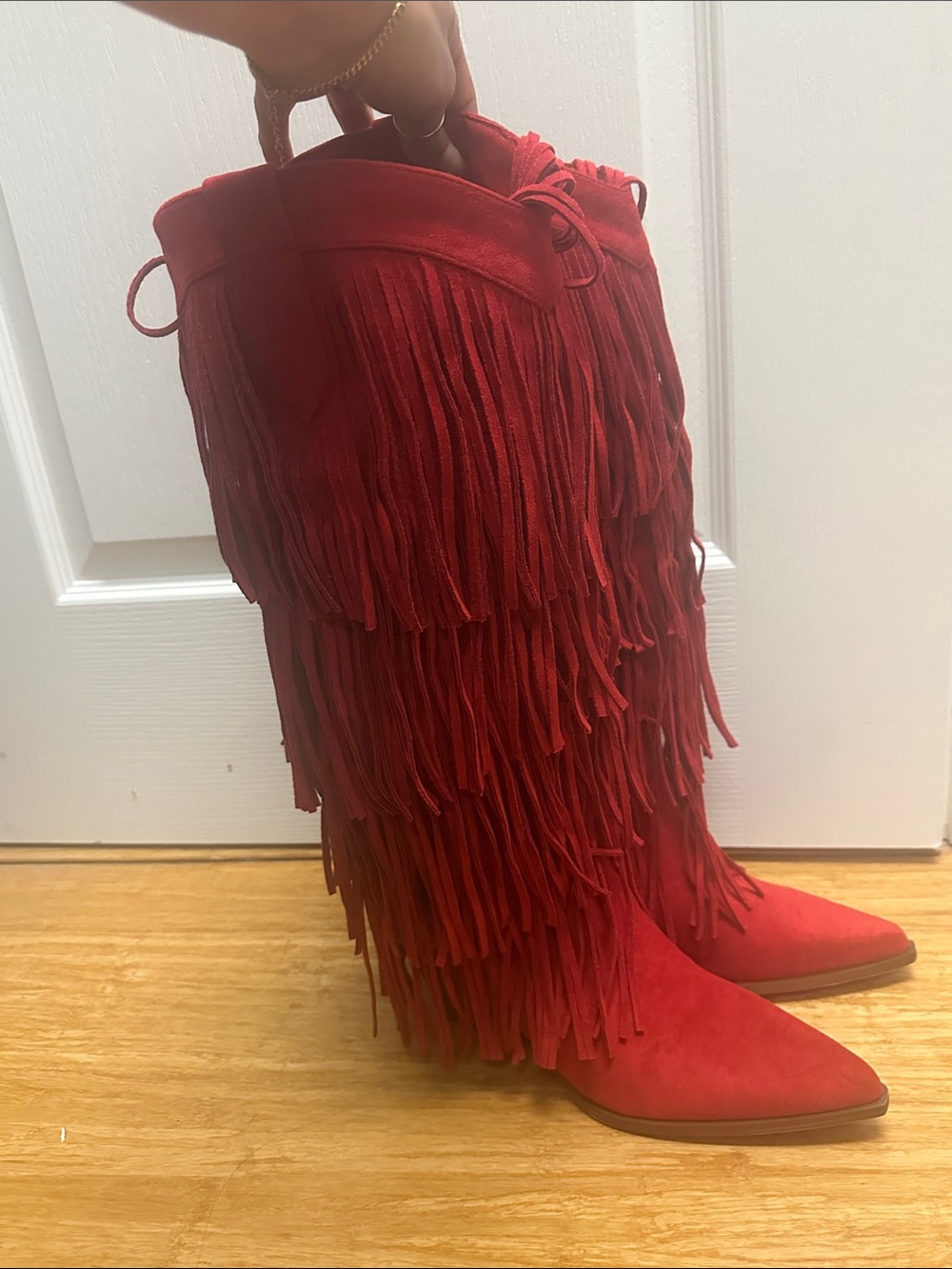 Red Fringe Knee-High Suede Boots - Women's Fashion Boots
